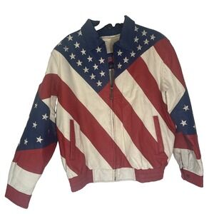 Vintage Genuine Leather USA Flag Jacket Womens XL Patriotic America Flag Coat
